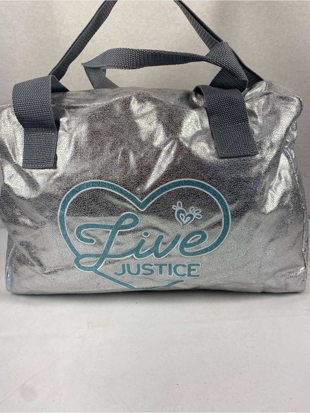 Justice Metallic Silver Tote with Teal Logo